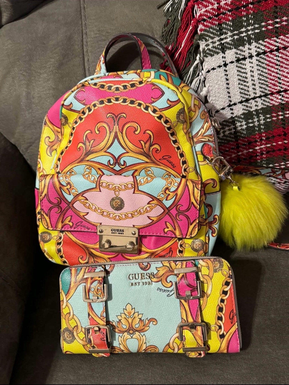 Guess Multicolor Printed Mini Backpack and Wallet Set - Pink, Yellow, Blue